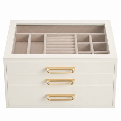 3-Tier Jewellery Box with Glass Lid — White and Beige - image 1