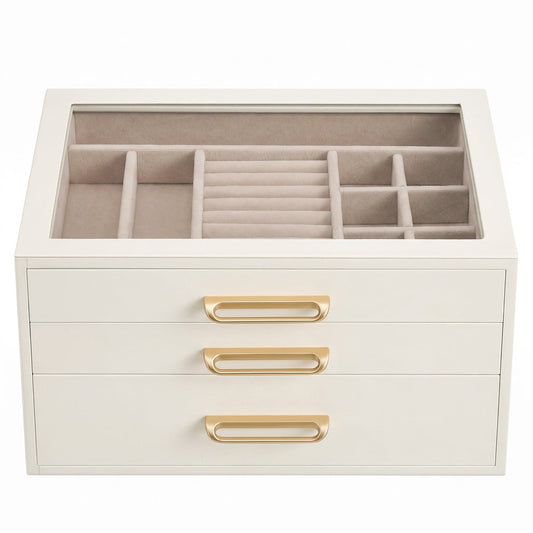 3-Tier Jewellery Box with Glass Lid — White and Beige - image 1