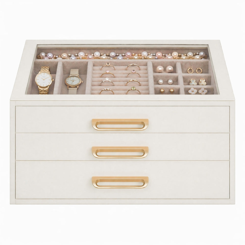 3-Tier Jewellery Box with Glass Lid — White and Beige
