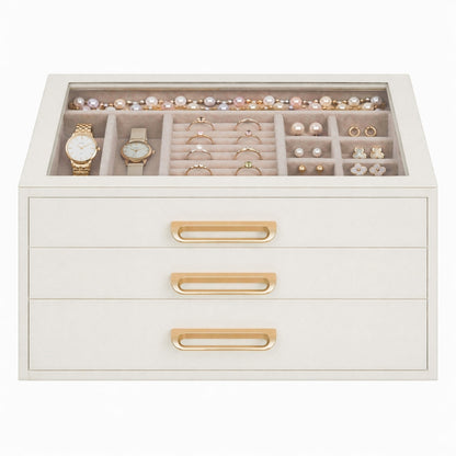 3-Tier Jewellery Box with Glass Lid — White and Beige