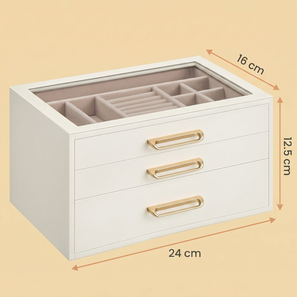 3-Tier Jewellery Box with Glass Lid — White and Beige