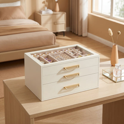 3-Tier Jewellery Box with Glass Lid — White and Beige