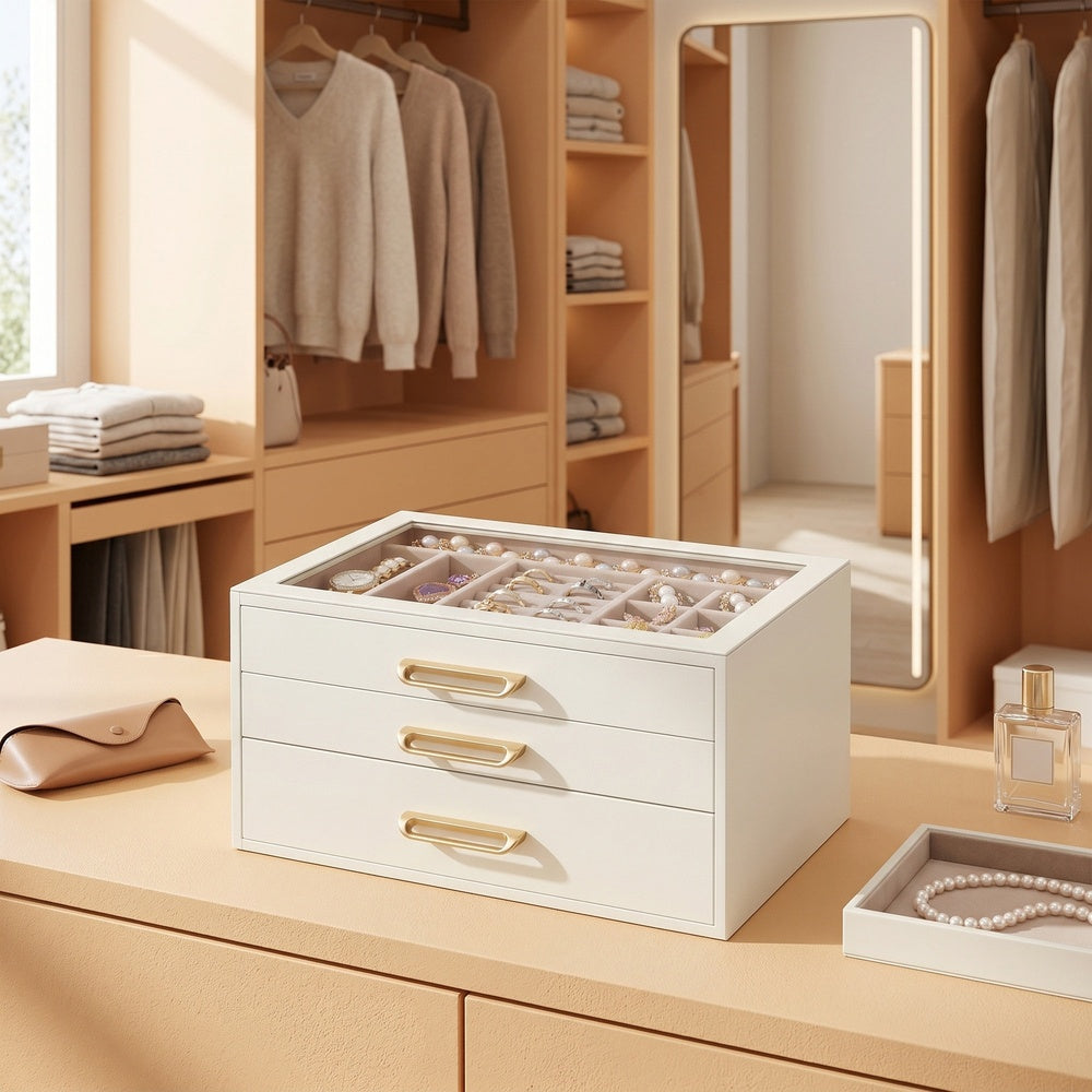 3-Tier Jewellery Box with Glass Lid — White and Beige