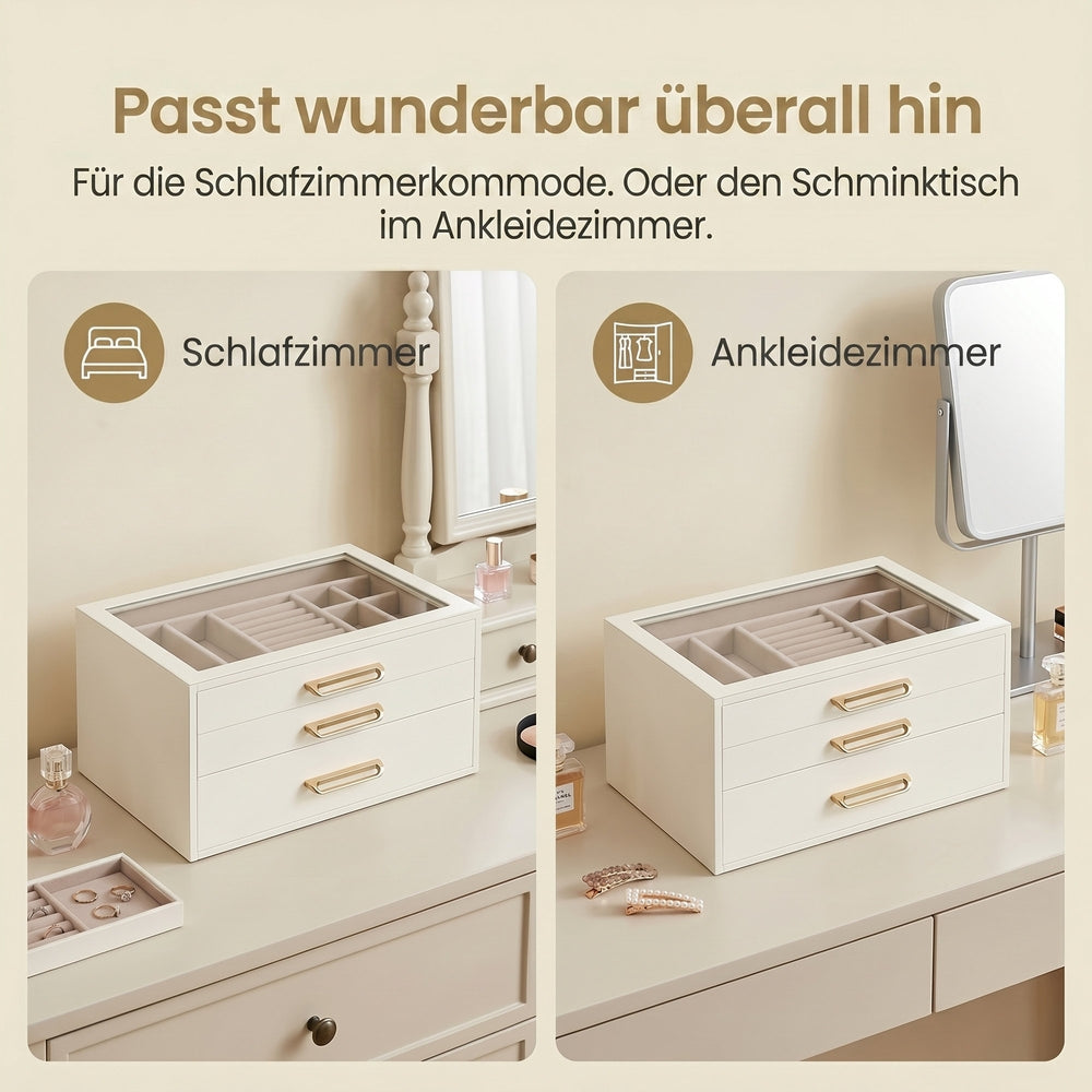 3-Tier Jewellery Box with Glass Lid — White and Beige