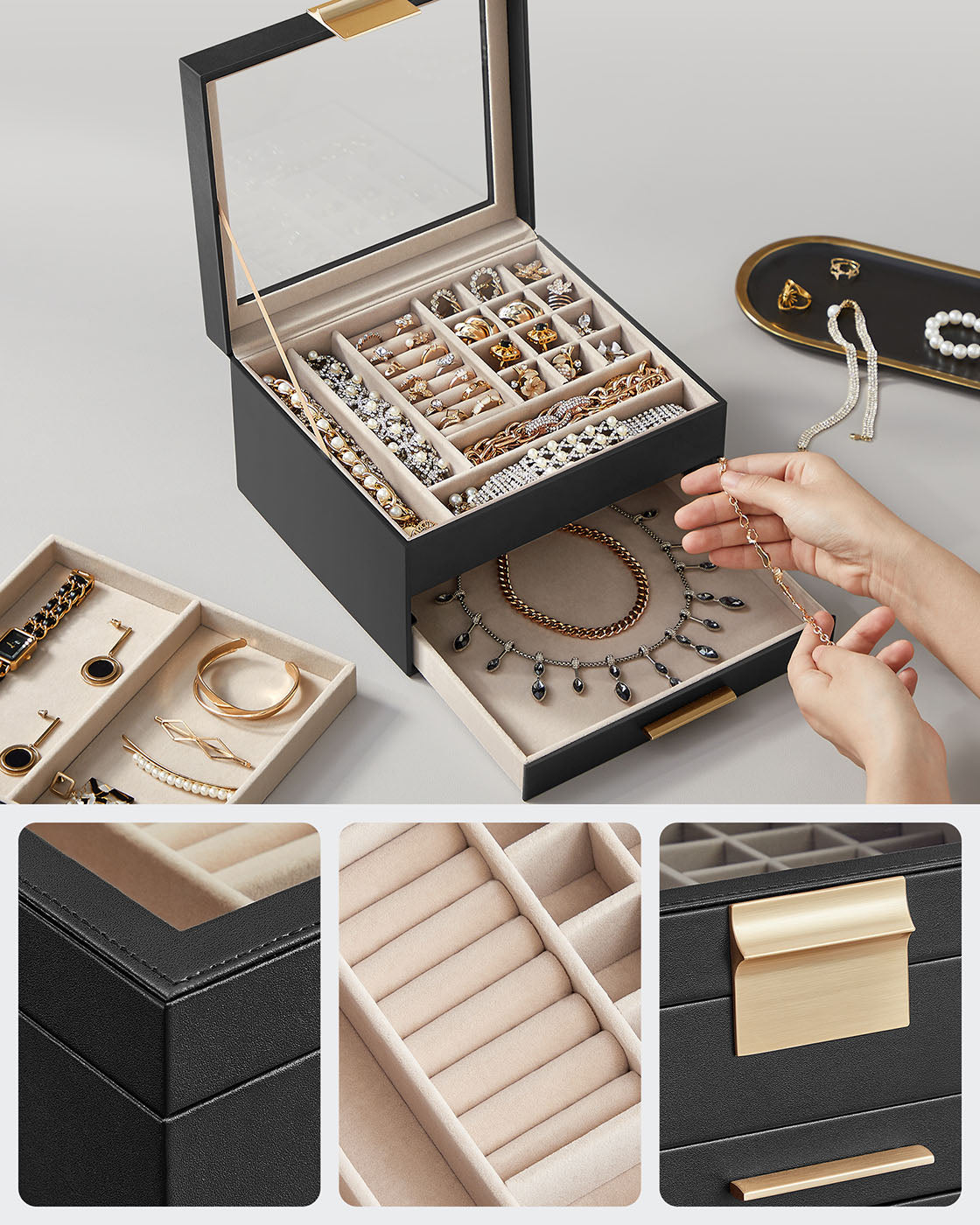 4-Layer Jewellery Box with 3 Drawers Cloud White and Gold - image 23