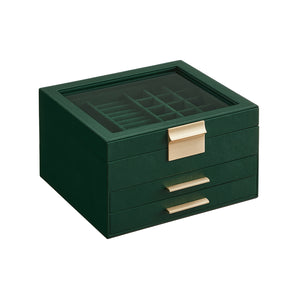 Jewelry Box with Glass Lid, 3-Layer Jewelry Organizer, 2 Drawers, Jewelry Storage, Plenty of Storage Space, Modern Style, Gift for Loved Ones, Forest Green UJBC239C01