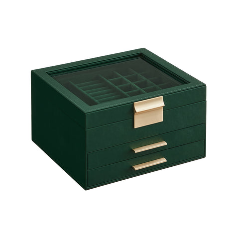 Jewelry Box with Glass Lid, 3-Layer Jewelry Organizer, 2 Drawers, Jewelry Storage, Plenty of Storage Space, Modern Style, Gift for Loved Ones, Forest Green UJBC239C01