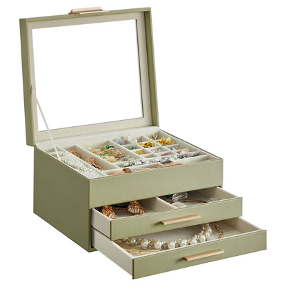 3-Layer Jewelry Box with Glass Lid, 2 Drawers