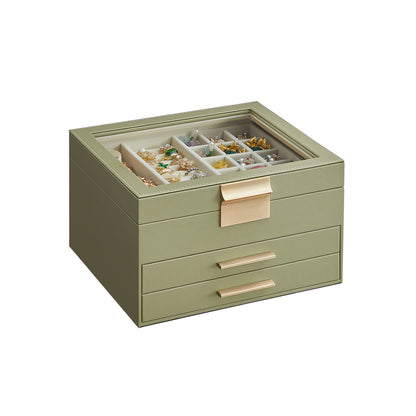 3-Layer Jewelry Box with Glass Lid, 2 Drawers