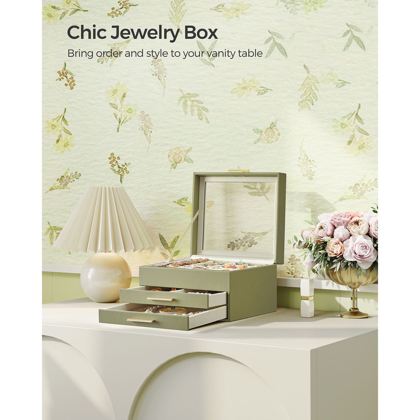 3-Layer Jewelry Box with Glass Lid, 2 Drawers