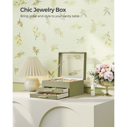 3-Layer Jewelry Box with Glass Lid, 2 Drawers