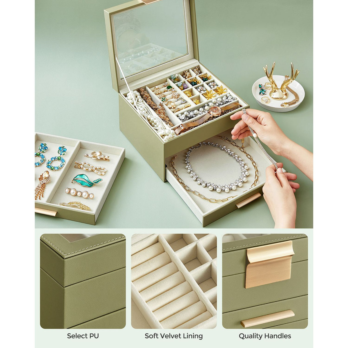 3-Layer Jewelry Box with Glass Lid, 2 Drawers