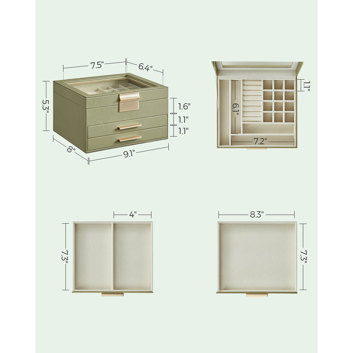 3-Layer Jewelry Box with Glass Lid, 2 Drawers