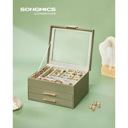 3-Layer Jewelry Box with Glass Lid, 2 Drawers