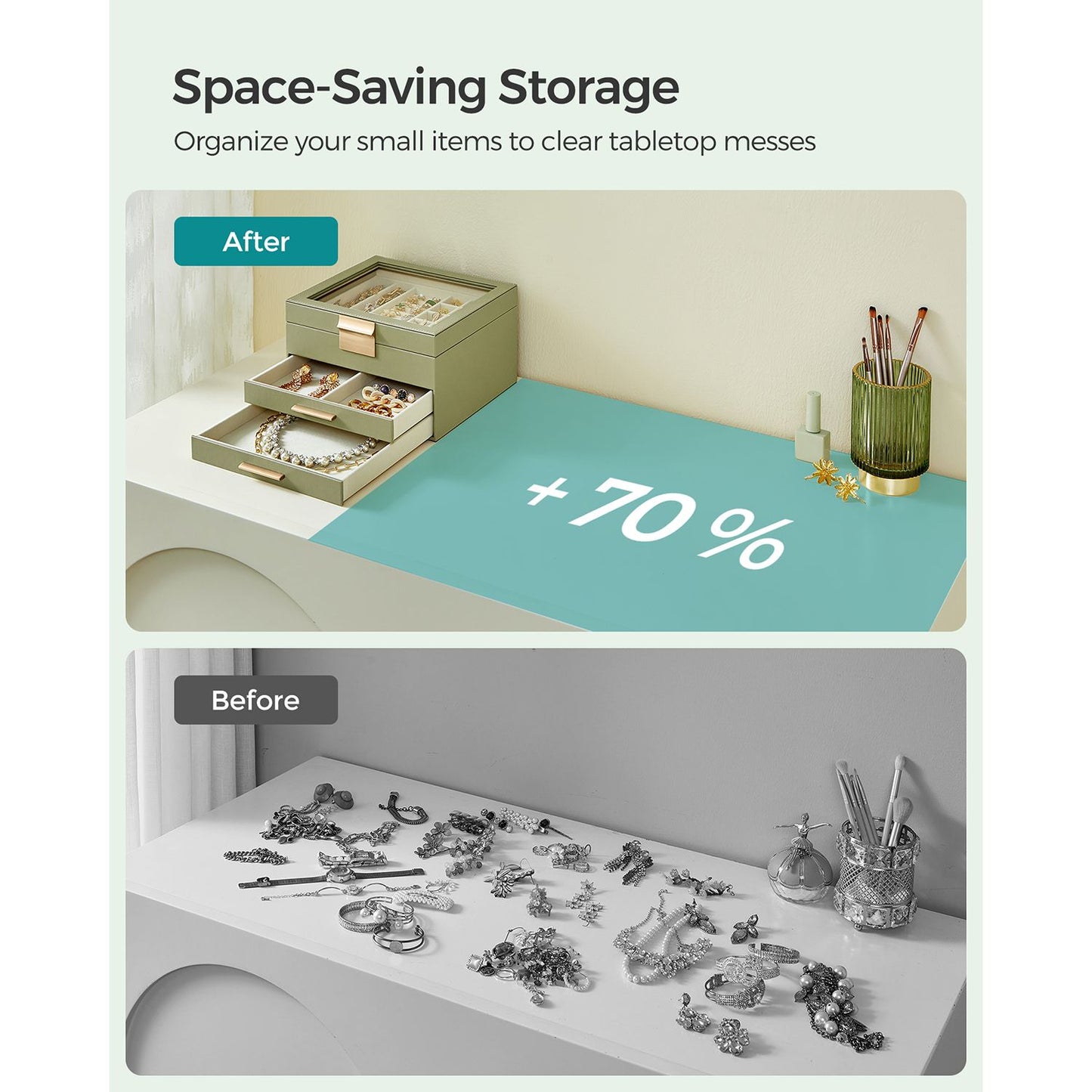 3-Layer Jewelry Box with Glass Lid, 2 Drawers