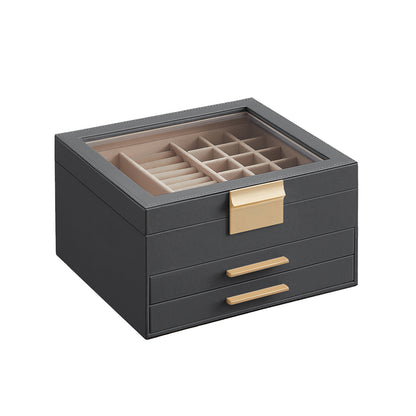 3-Layer Jewelry Box with Glass Lid, 2 Drawers