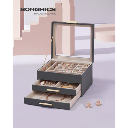 3-Layer Jewelry Box with Glass Lid, 2 Drawers