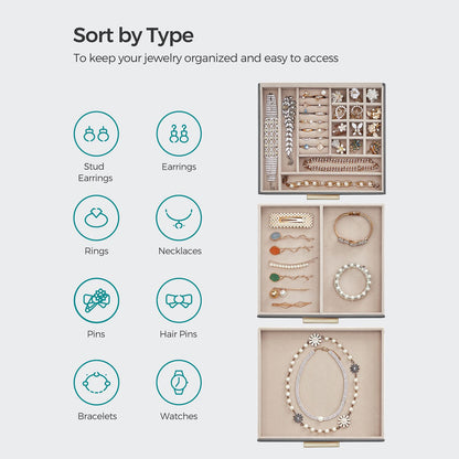 3-Layer Jewelry Box with Glass Lid, 2 Drawers