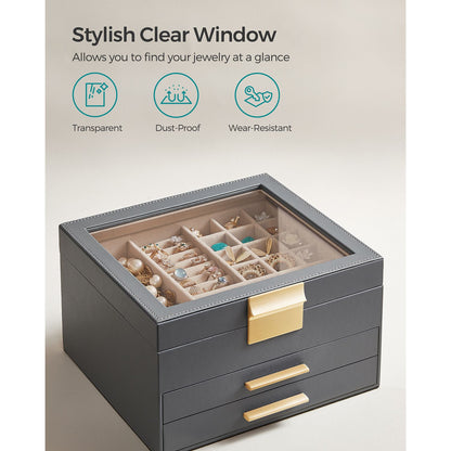 3-Layer Jewelry Box with Glass Lid, 2 Drawers