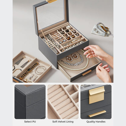 3-Layer Jewelry Box with Glass Lid, 2 Drawers
