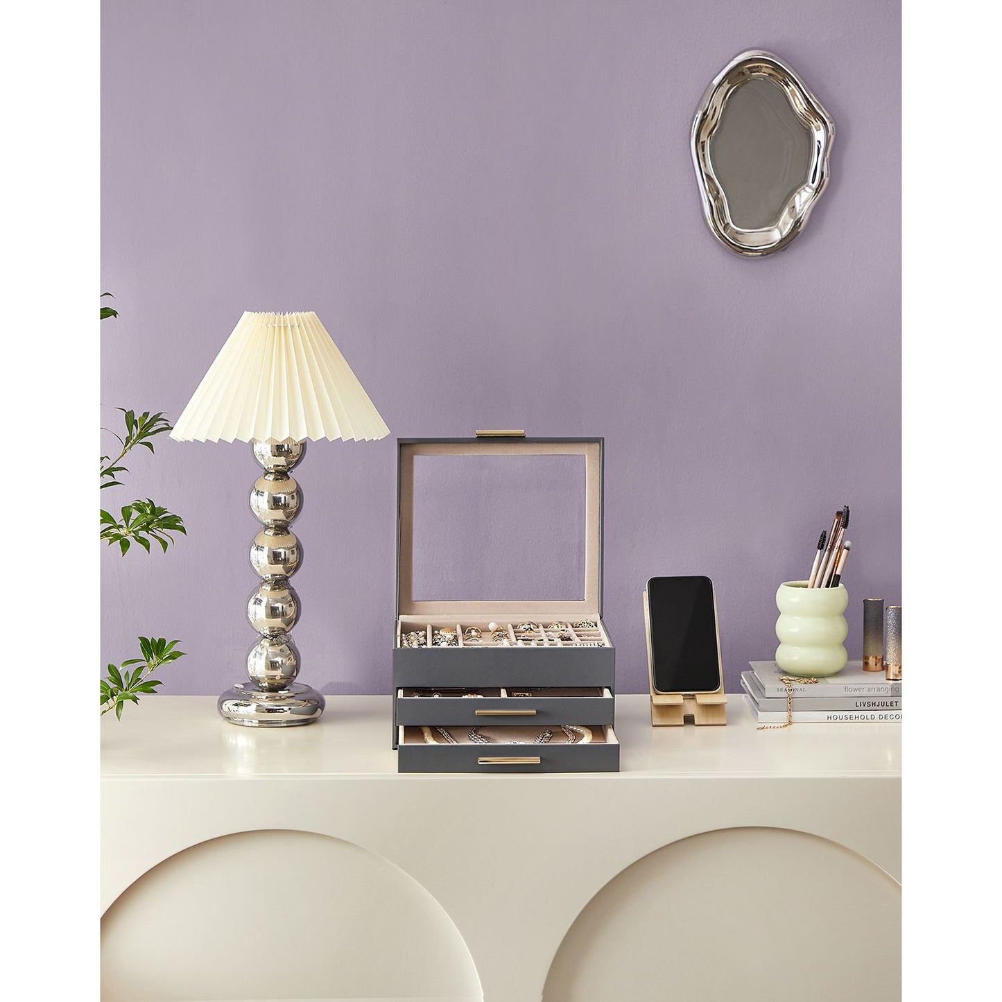 3-Layer Jewelry Box with Glass Lid, 2 Drawers