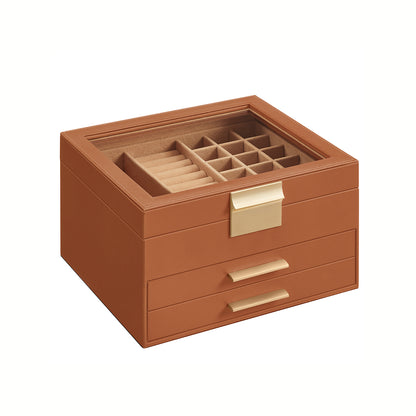 3-Layer Jewelry Box with Glass Lid, 2 Drawers