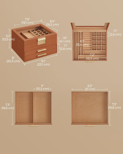 3-Layer Jewelry Box with Glass Lid, 2 Drawers