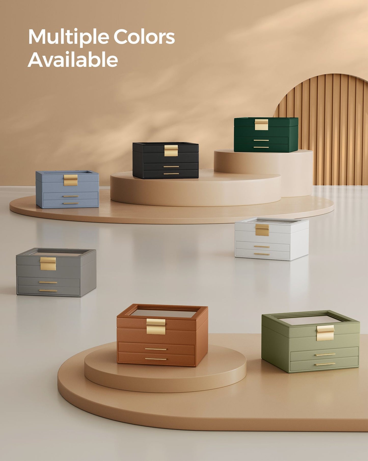 3-Layer Jewelry Box with Glass Lid, 2 Drawers