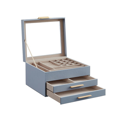3-Layer Jewelry Box with Glass Lid, 2 Drawers