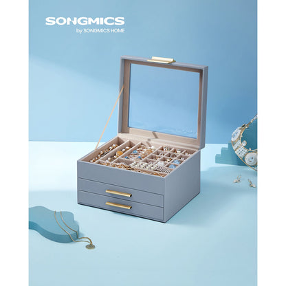 3-Layer Jewelry Box with Glass Lid, 2 Drawers