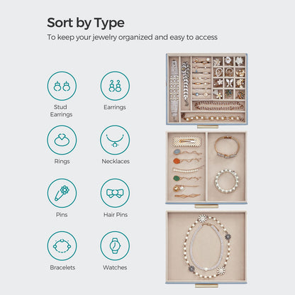 3-Layer Jewelry Box with Glass Lid, 2 Drawers