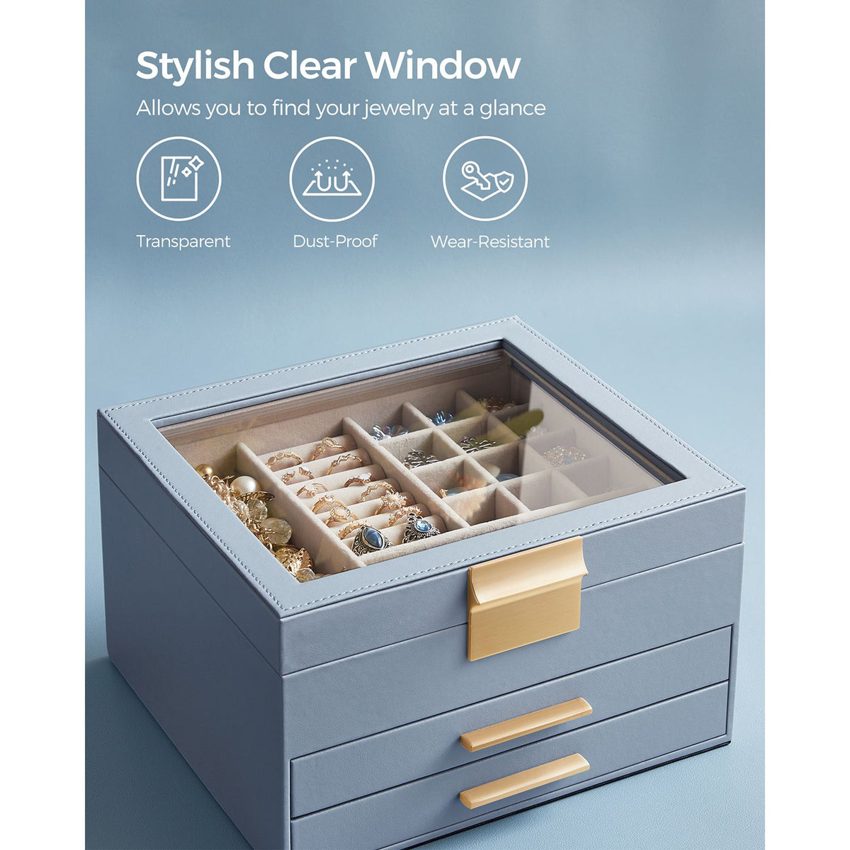 3-Layer Jewelry Box with Glass Lid, 2 Drawers