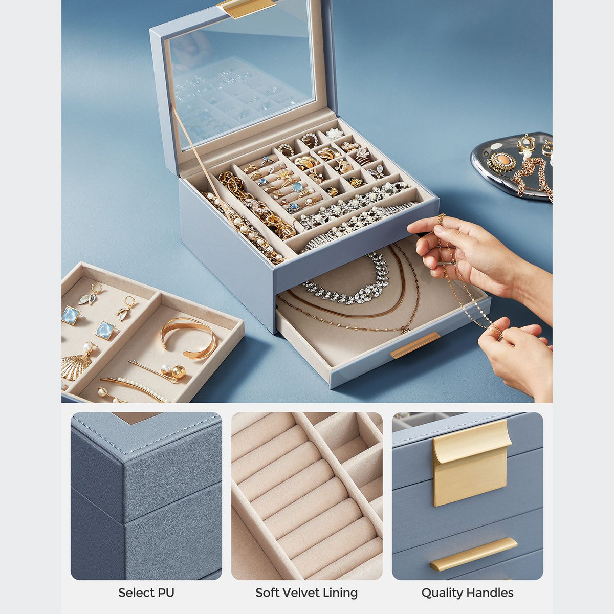 3-Layer Jewelry Box with Glass Lid, 2 Drawers