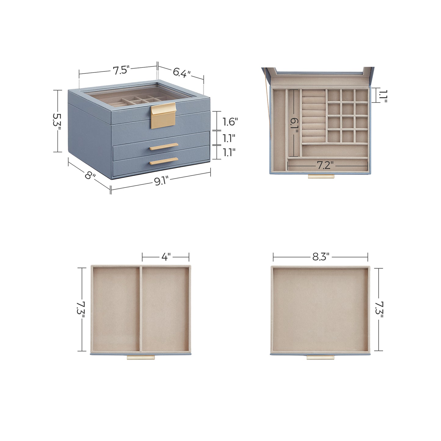 3-Layer Jewelry Box with Glass Lid, 2 Drawers