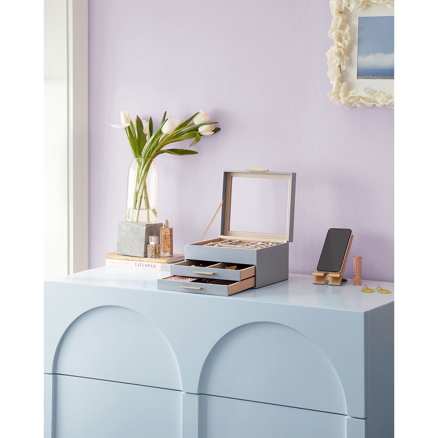 3-Layer Jewelry Box with Glass Lid, 2 Drawers