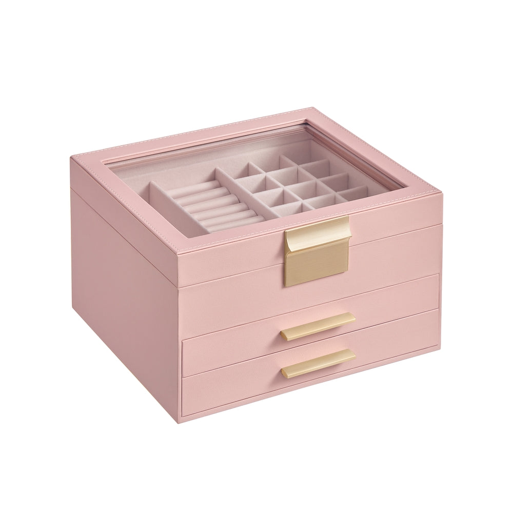 3-Layer Jewelry Box with Glass Lid, 2 Drawers - Jelly Pink + Gold / 3-Layer (8"D x 9.1"W x 5.3"H)