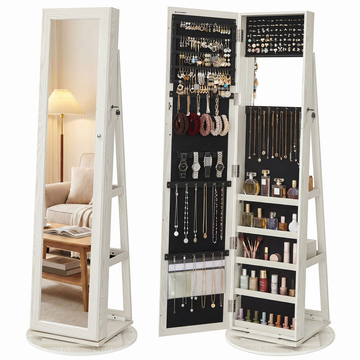 Freestanding Jewellery Organiser, Jewellery Cabinet with Full-Length Mirror, 360° Swivel - image 2