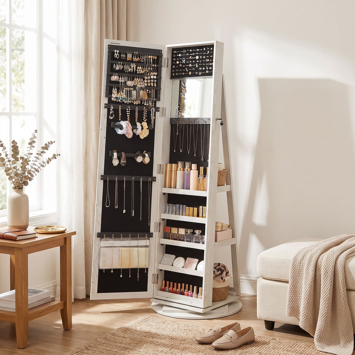 Freestanding Jewellery Organiser, Jewellery Cabinet with Full-Length Mirror, 360° Swivel - image 5
