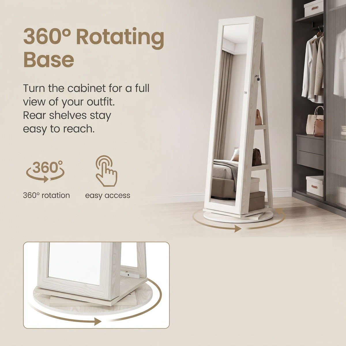 Freestanding Jewellery Organiser, Jewellery Cabinet with Full-Length Mirror, 360° Swivel - image 6