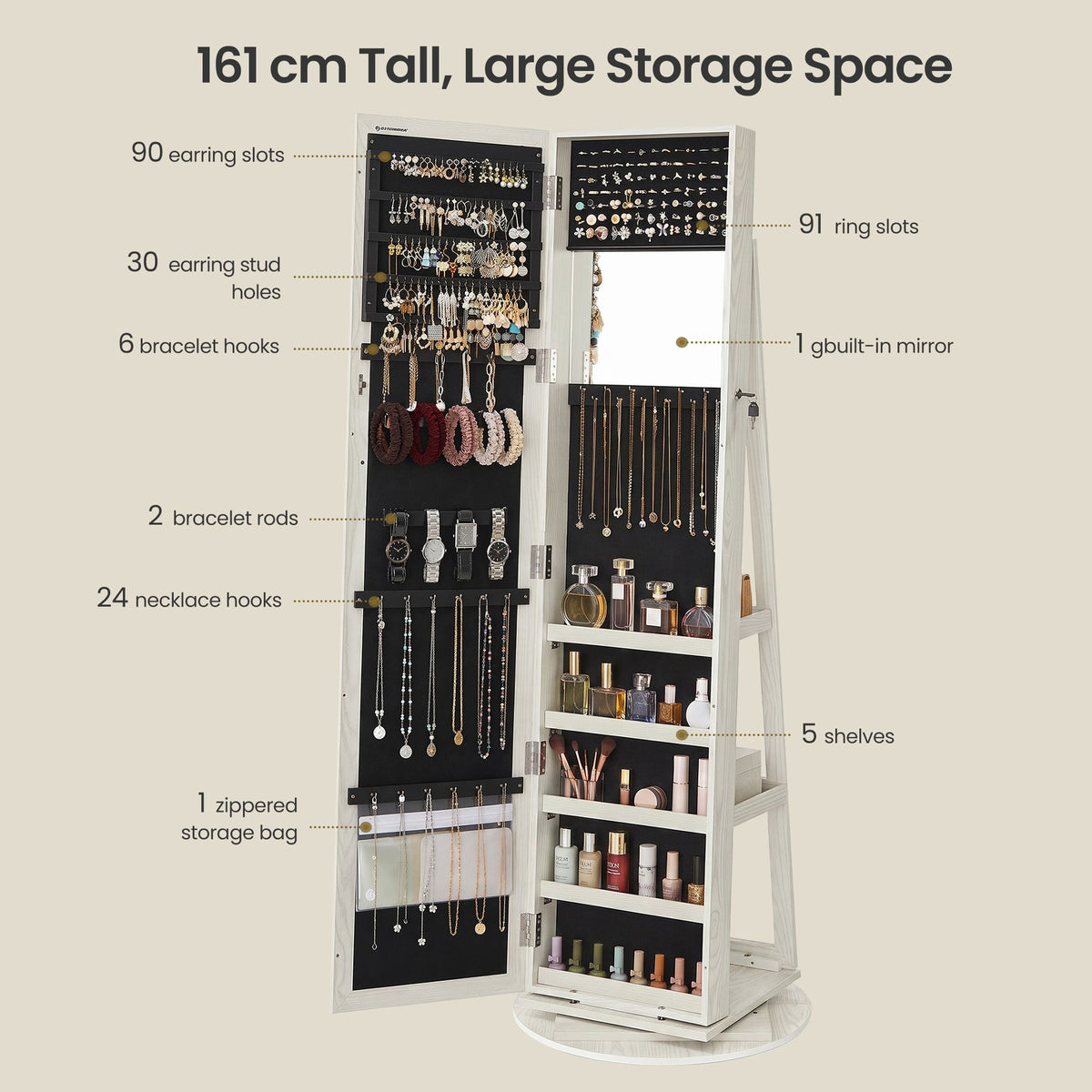 Freestanding Jewellery Organiser, Jewellery Cabinet with Full-Length Mirror, 360° Swivel - image 7