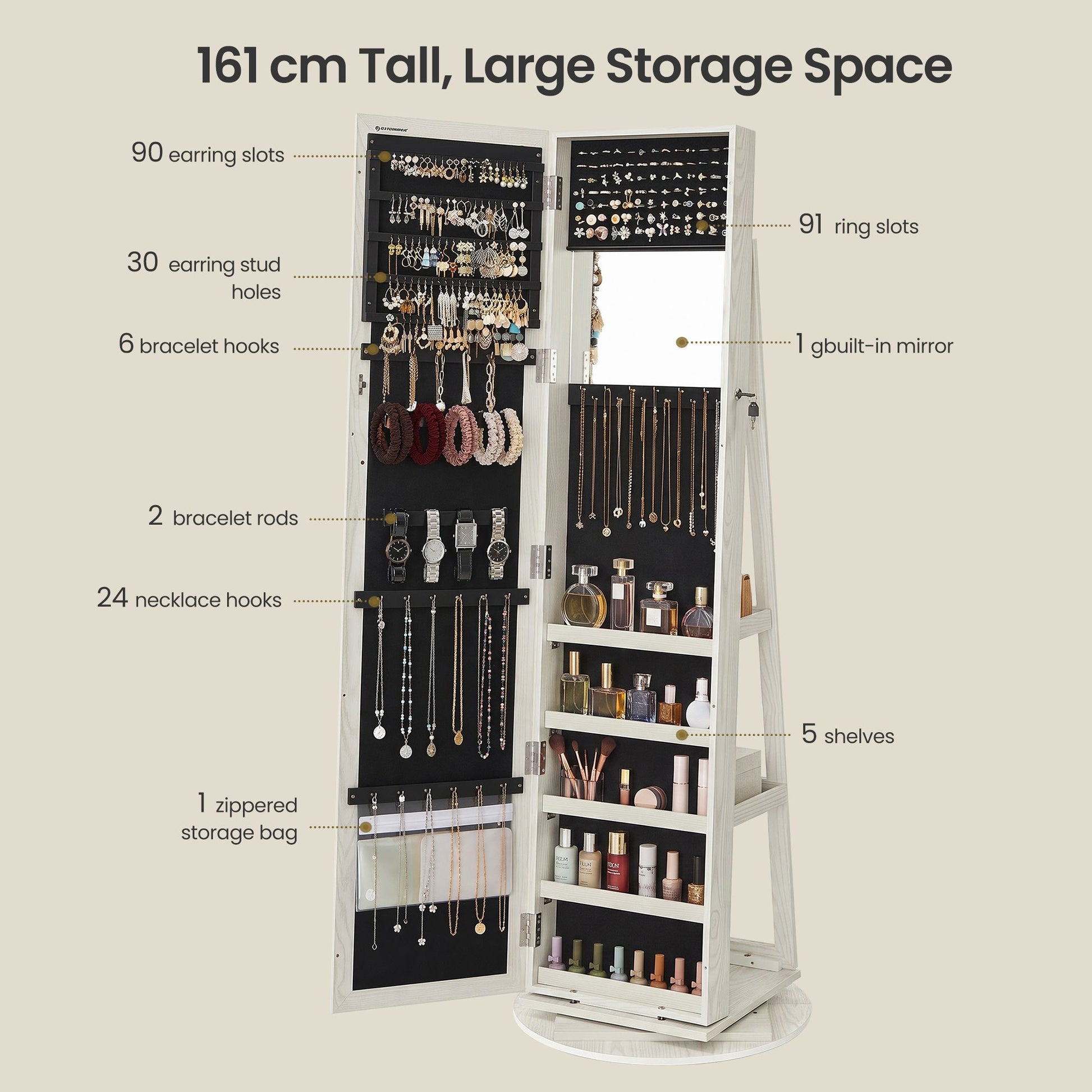 Freestanding Jewellery Organiser, Jewellery Cabinet with Full-Length Mirror, 360° Swivel - image 7
