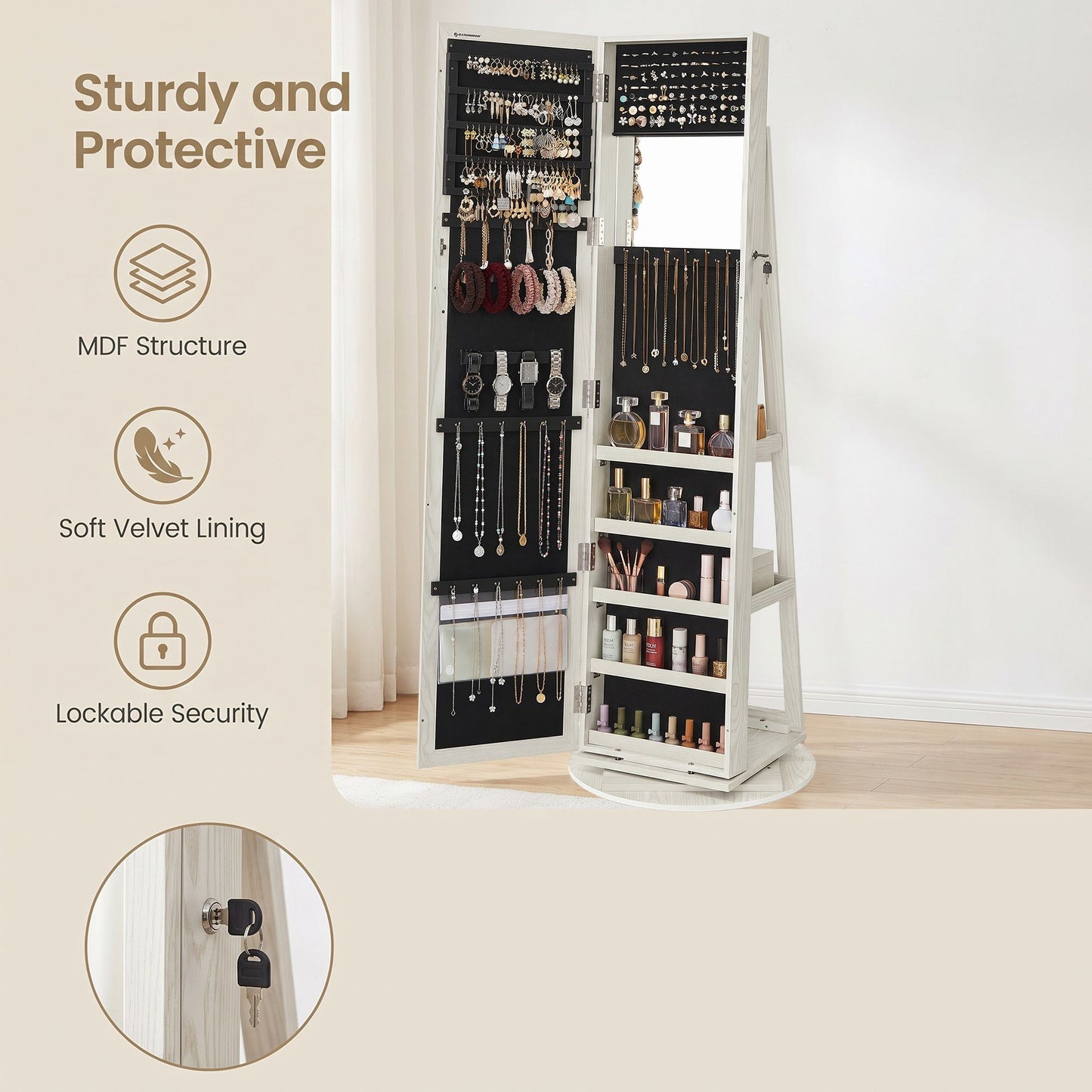 Freestanding Jewellery Organiser, Jewellery Cabinet with Full-Length Mirror, 360° Swivel - image 8