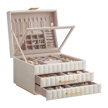 3-Tier Jewellery Box with Mirror, Jewellery Organiser with 2 Drawers, PU Surface with Stitching