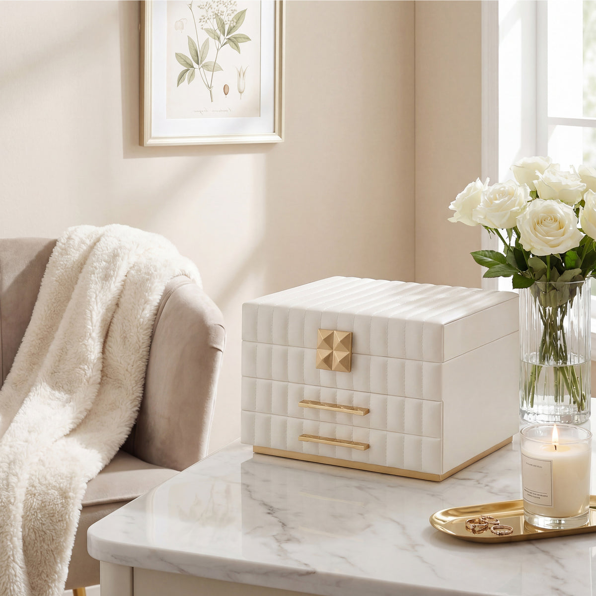 3-Tier Jewellery Box with Mirror, Jewellery Organiser with 2 Drawers, PU Surface with Stitching
