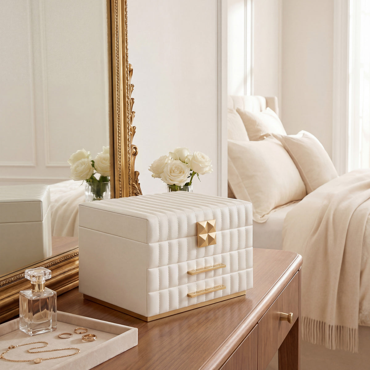 3-Tier Jewellery Box with Mirror, Jewellery Organiser with 2 Drawers, PU Surface with Stitching