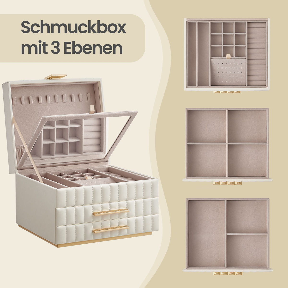 3-Tier Jewellery Box with Mirror, Jewellery Organiser with 2 Drawers, PU Surface with Stitching