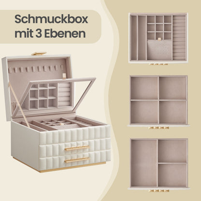 3-Tier Jewellery Box with Mirror, Jewellery Organiser with 2 Drawers, PU Surface with Stitching