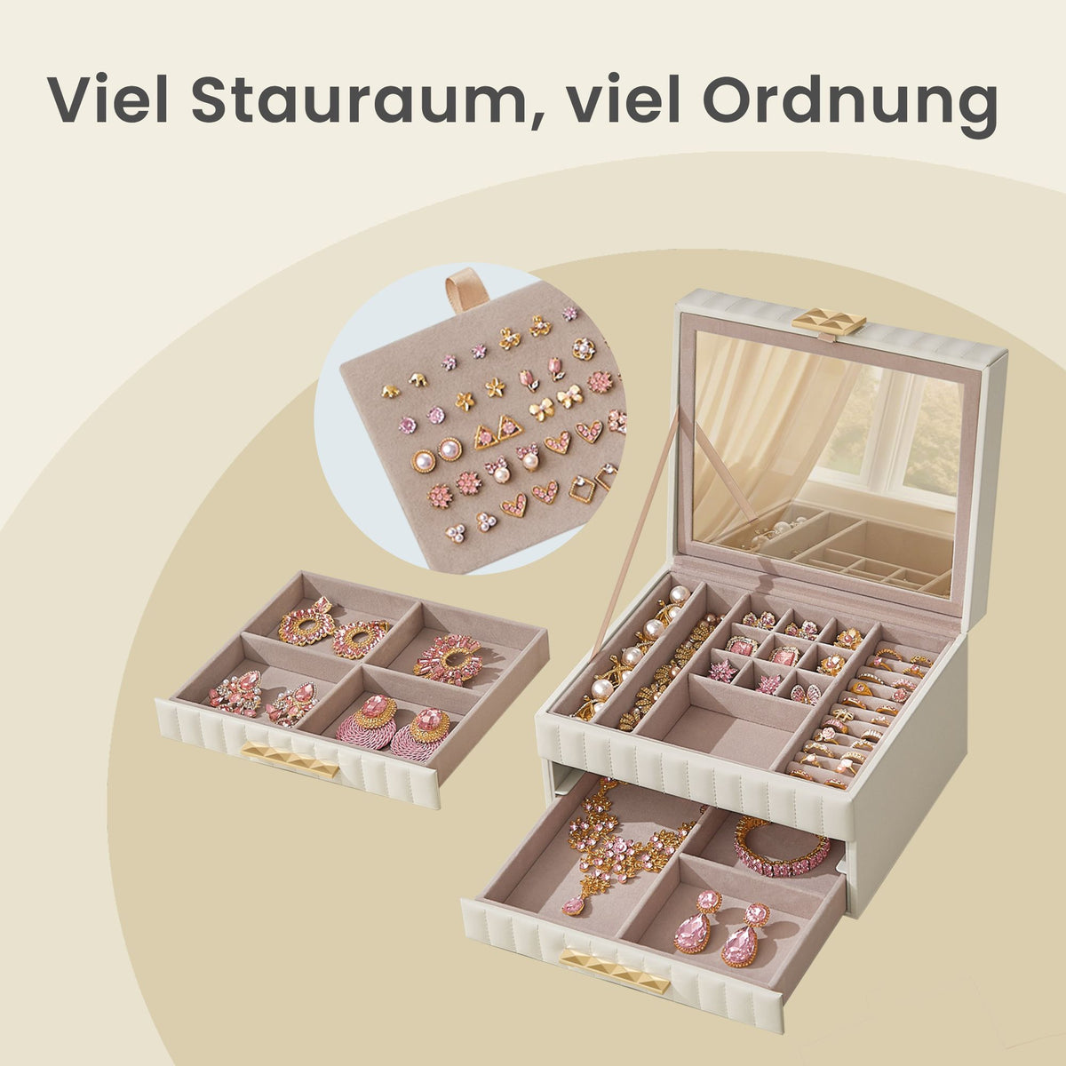 3-Tier Jewellery Box with Mirror, Jewellery Organiser with 2 Drawers, PU Surface with Stitching