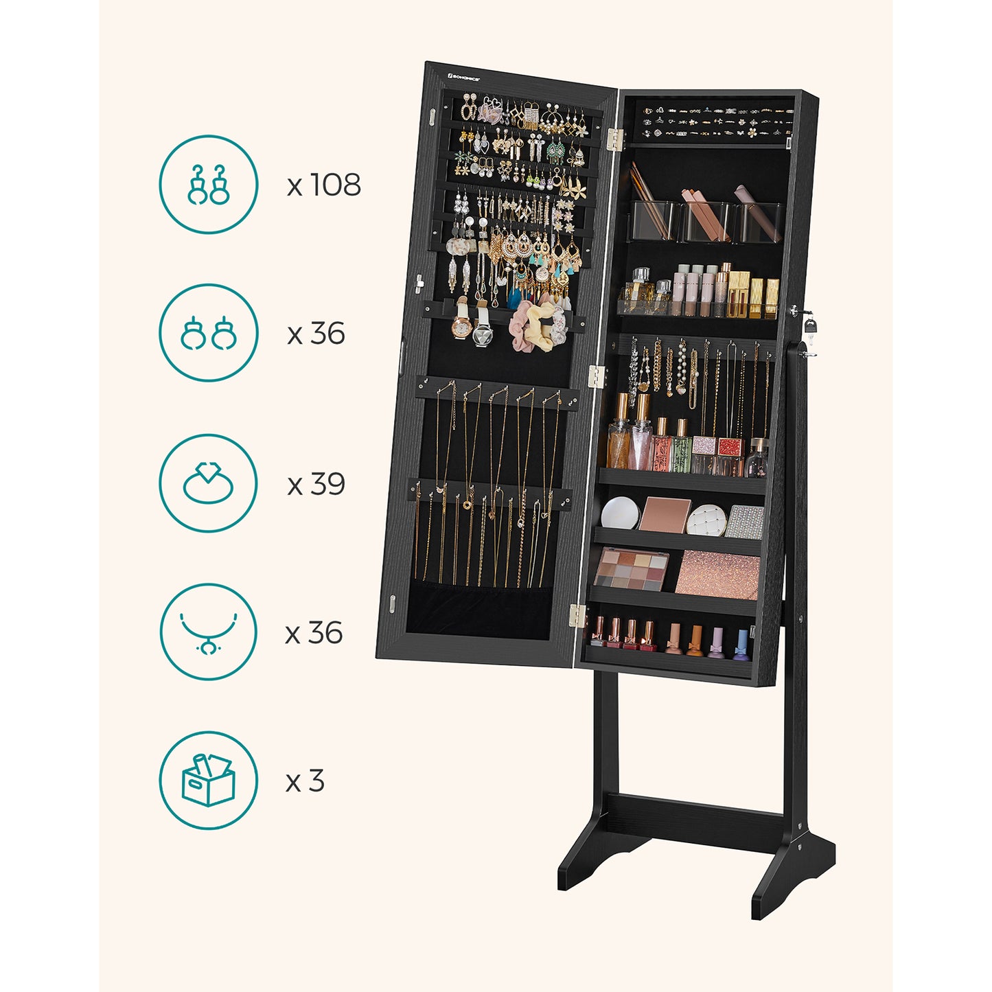 Freestanding Jewelry Cabinet Armoire with Mirror