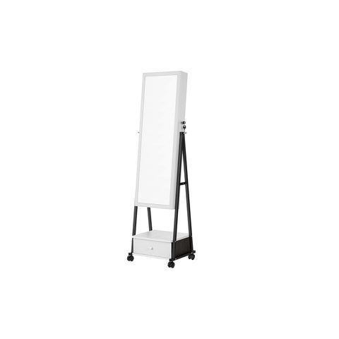 Jewelry Cabinet Floor Standing, Lockable Jewelry Organizer with High Full-Length Mirror, Bottom Drawer, Shelf, Wheels, Jewelry Armoire, Gift Idea, Distressed White and Black UJJC004W01